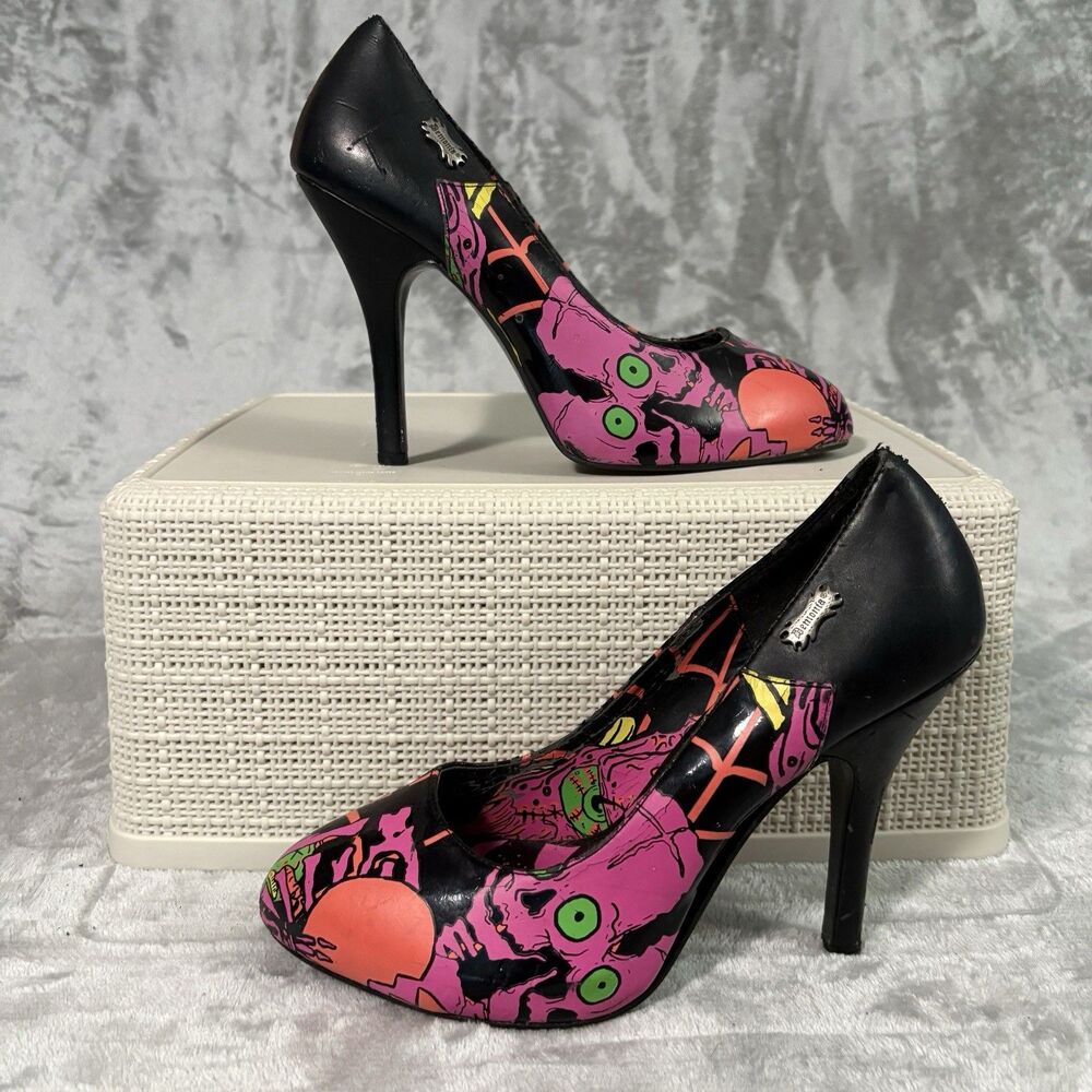 Demonia Black Pink Skull Zombie Graphic Stiletto Heels Women’s ESTIMATED Size 8